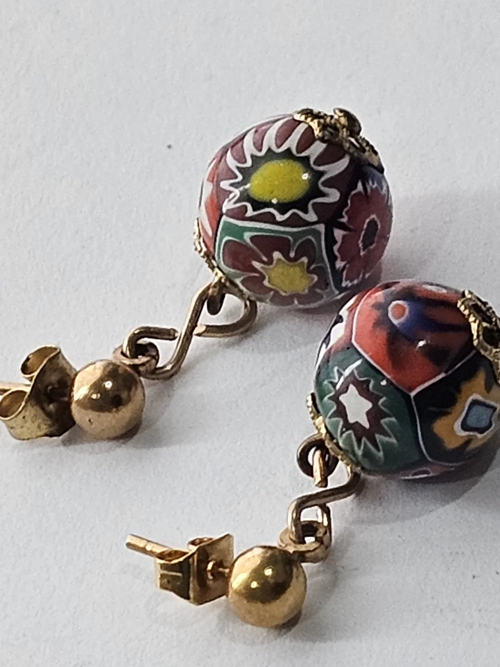 Gold-Tone Multicolor Millefiori Glass Drop Earrings. Murano ~ Vtg Pierced